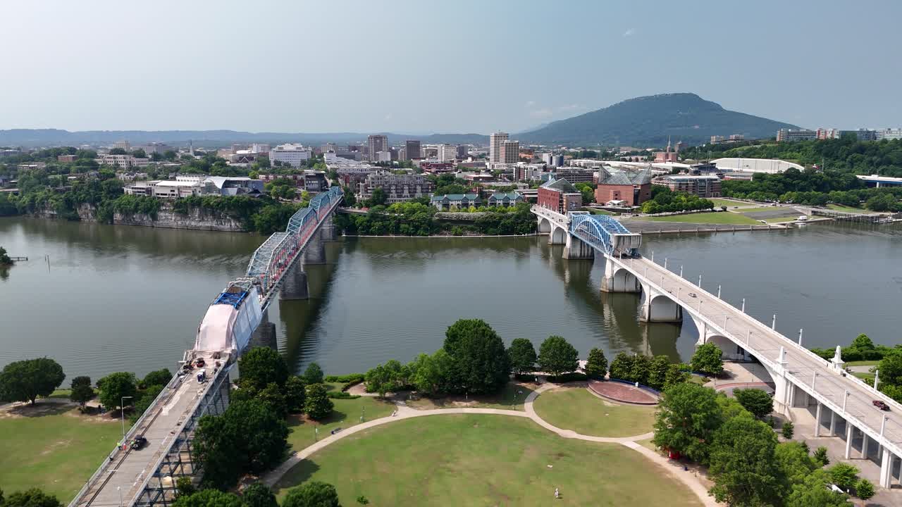 Aerial Drone Journey Over Chattanooga Riverfront, Tennessee
