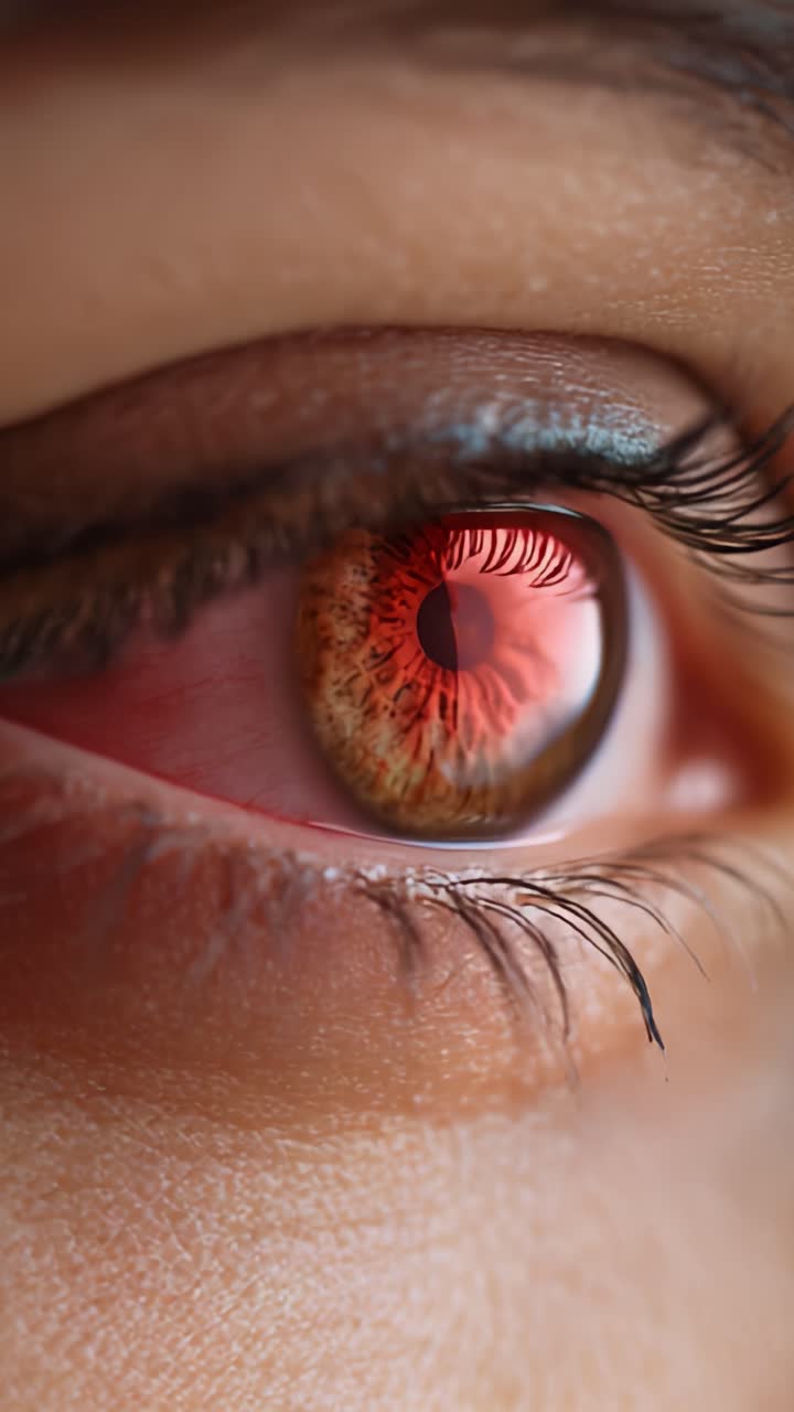 Primo piano intenso di un occhio umano che passa da normale a rosso incandescente, mettendo in risalto texture uniche e colori vividi in due fotogrammi intensi