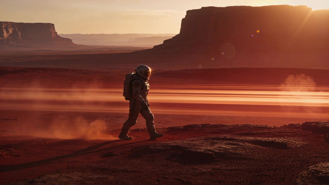 Walking astronaut in EVA suit crossing red plain to horizon, sun spurring trek, boots kicking dust