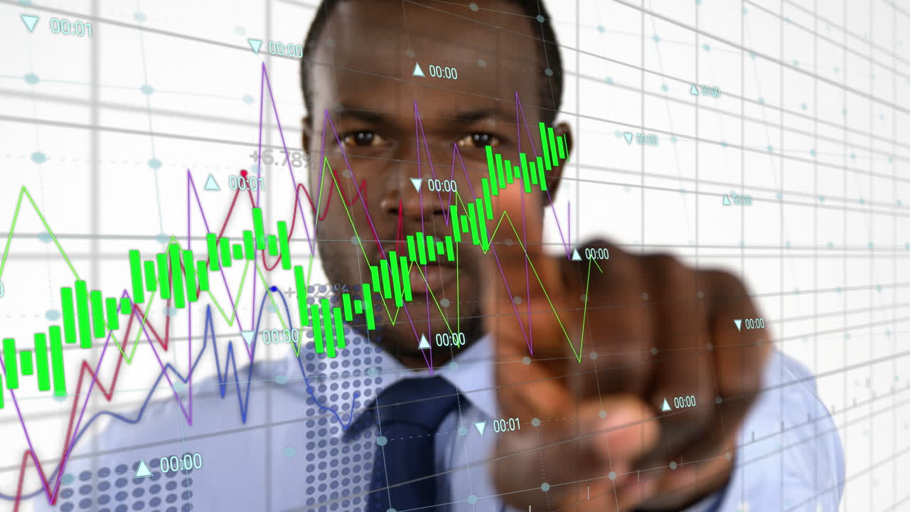 Animação de processamento de dados financeiros sobre um empresário afro-americano