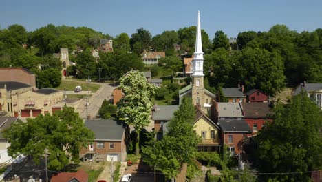 close up view of church steeple in classic small town usa