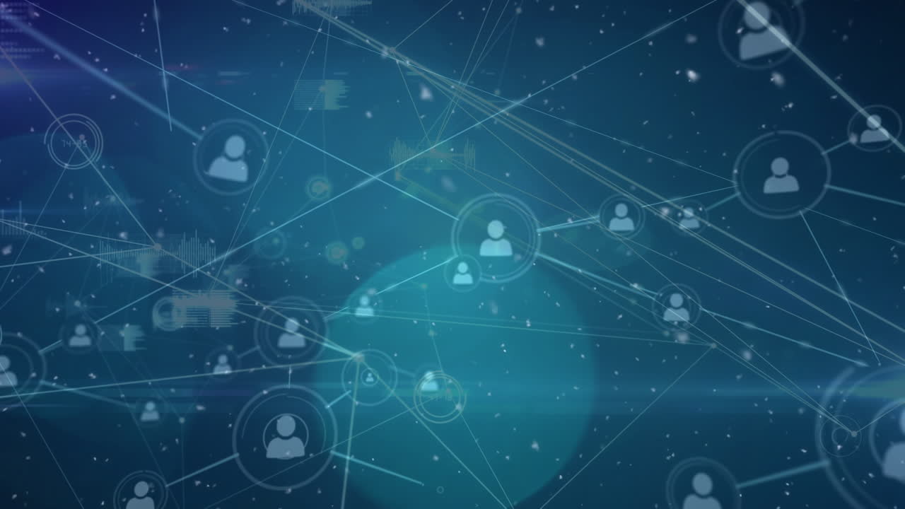 animación de la red de conexiones con procesamiento de datos sobre la caída de nieve y las manchas brillantes