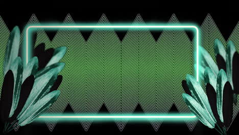 animation of flashing green neon frame and leaves over zigzag striped background on black