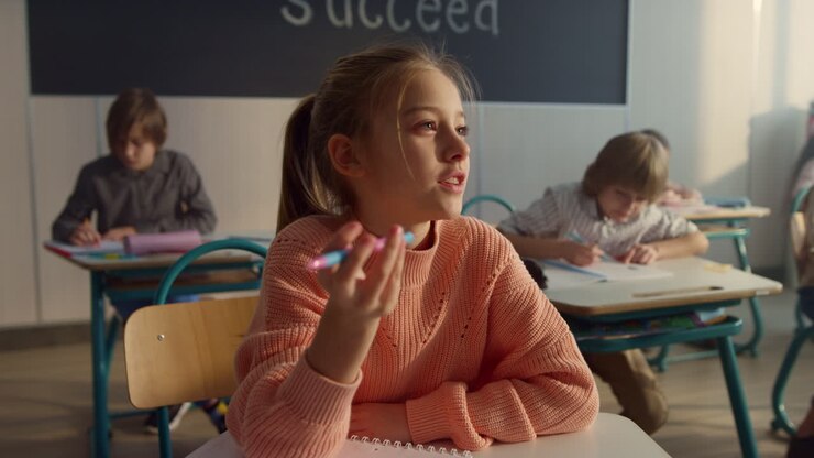 Clever kid raising hand during lesson. Cute student answering for question