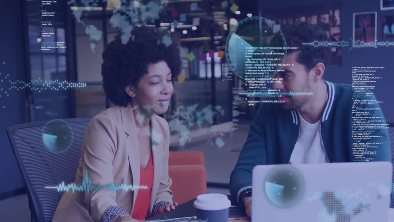 Animation of data processing over diverse business people using laptop