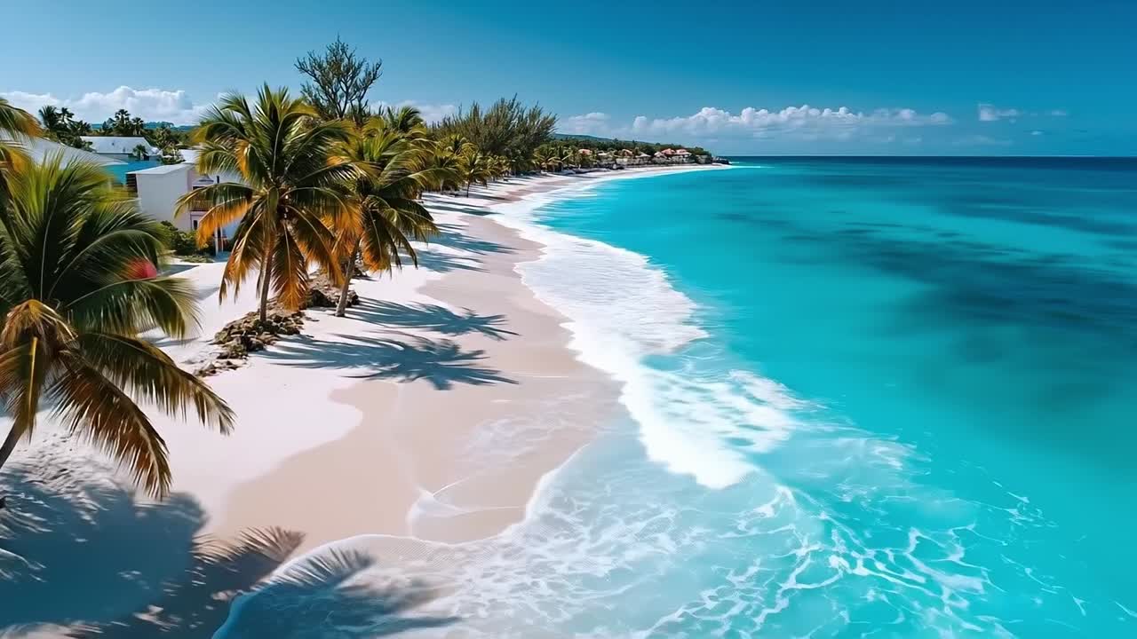Una vista di una spiaggia con palme e sabbia bianca