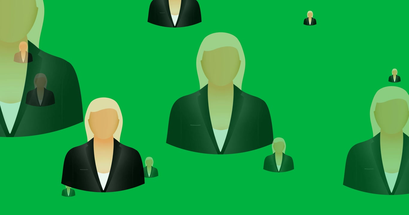 Digital animation of multiple woman icons floating against black background
