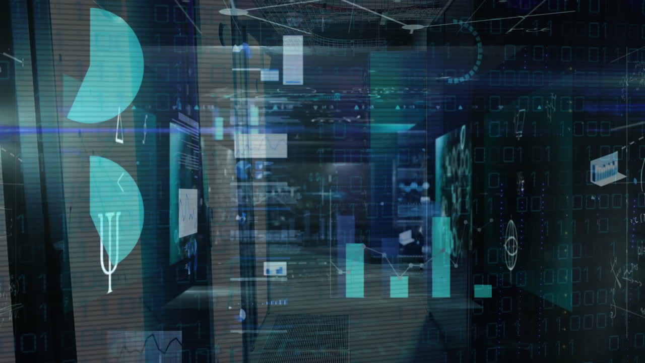 Animation of data processing over server room and diagrams