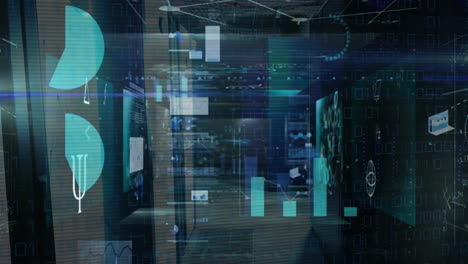 animation of data processing over server room and diagrams