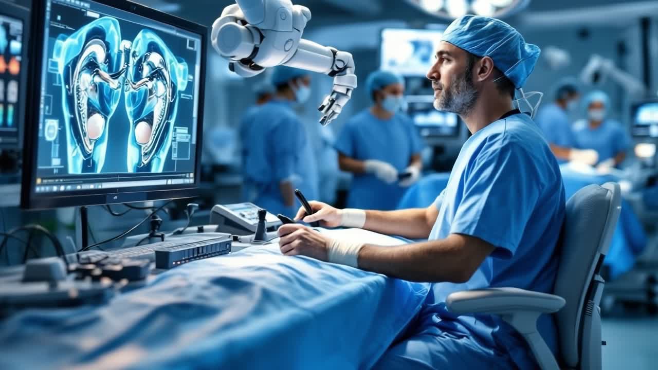 Surgeon in blue scrubs is focused on operating a robotic arm while reviewing detailed medical images on a monitor, surrounded by a sterile operating room and medical staff assisting in the procedure