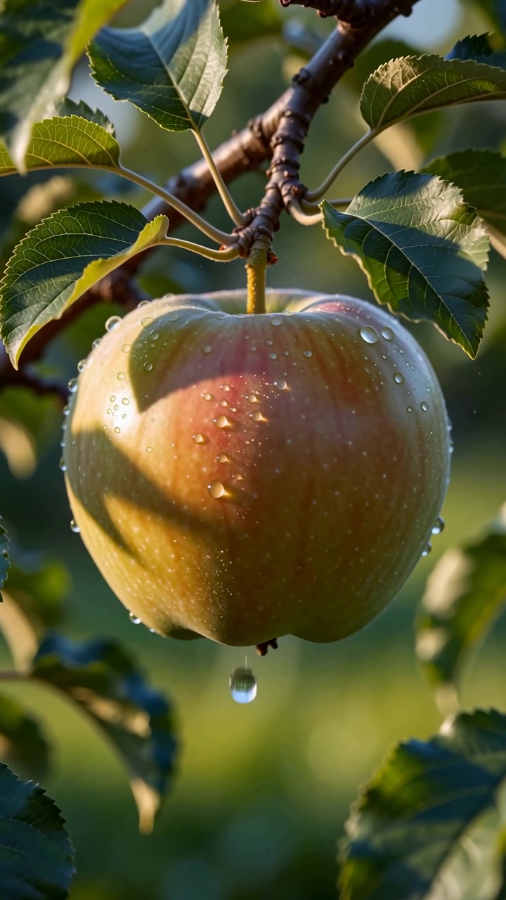 Una vista ravvicinata mostra un mango che matura sul ramo mentre la superficie verde sviluppa caldi toni rossi, con luce solare soffusa, uno sfondo frondoso e una delicata messa a fuoco sulla texture del frutto durante il processo di crescita naturale.