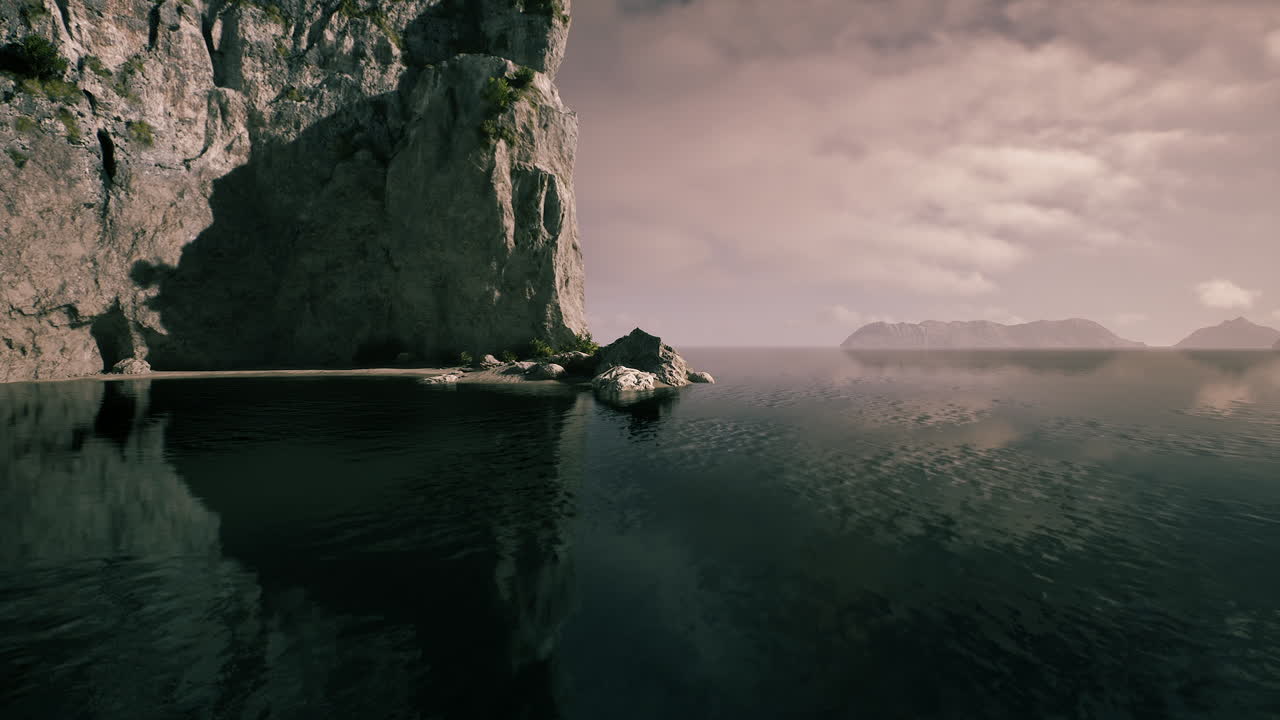 Serene coastal landscape with rocky cliffs and calm waters at dusk