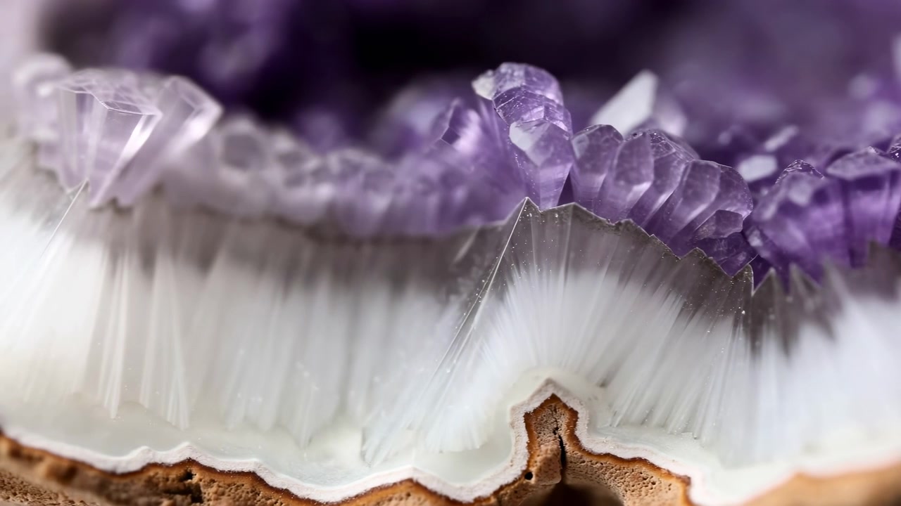 Mouvement en gros plan à l'intérieur d'une géode d'améthyste avec un léger changement de mise au point révélant des facettes de quartz superposées, des terminaisons de cristaux violets, des éventails radiaux blancs, une texture minérale brillante et une profondeur subtile.