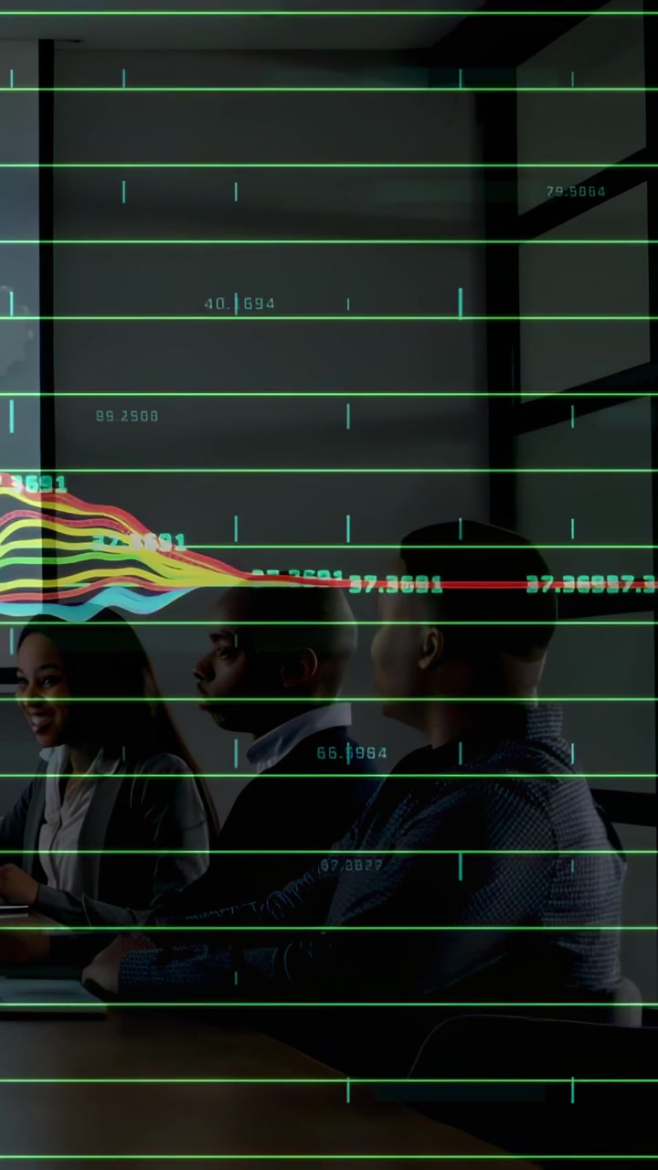 Vertical video: 3 colleagues monitoring waveform and grid, left person tapping tablet for business