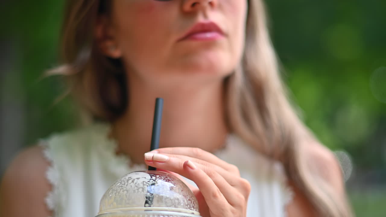 Nahaufnahme einer brünetten Frau, die im Park bei Tageslicht einen Eiskaffee trinkt