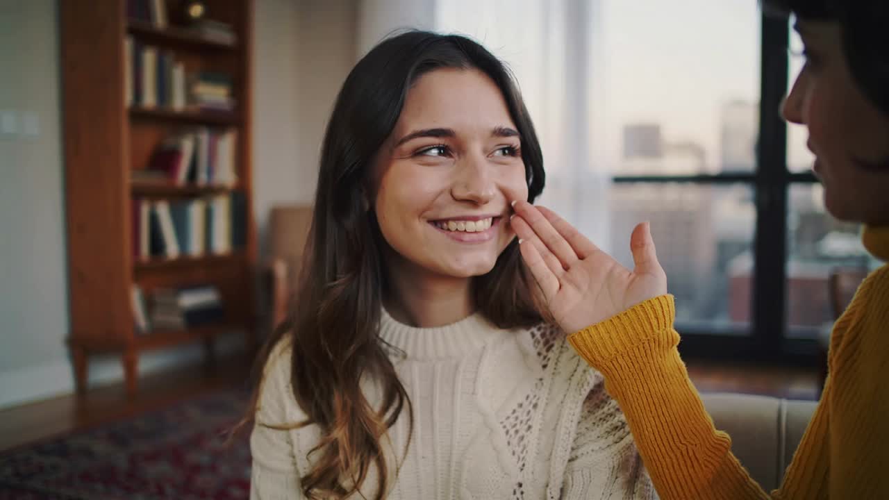 Donna sorridente con maglia color crema che si gira verso il partner color senape che alza la mano sul divano di casa, reagendo