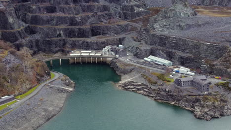 an aerial view of dinorwic quarry and power station on an overcast day