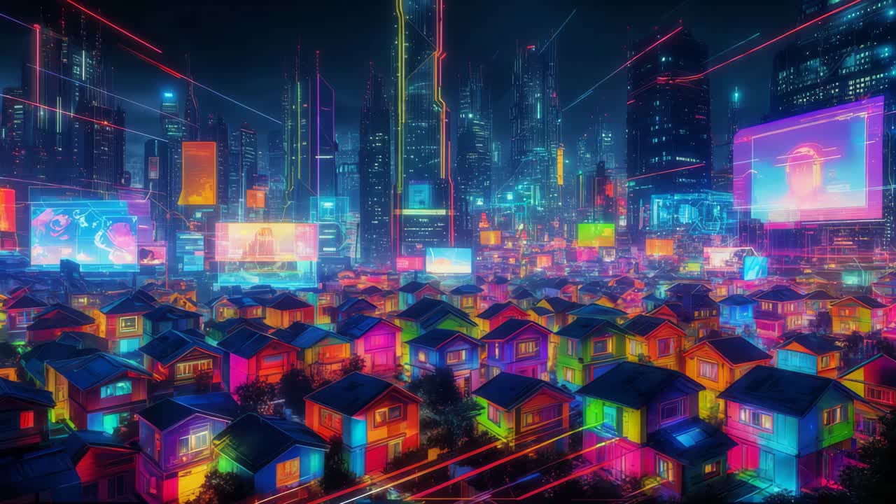 밤에는 활기찬 미래주의 도시 풍경