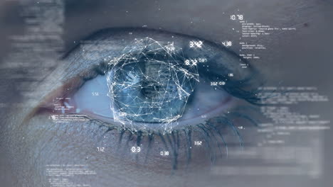 animazione della rete di connessioni e elaborazione dei dati contro l'occhio blu della donna