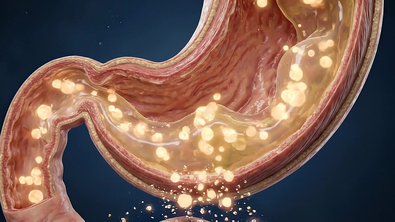 Cutaway human stomach containing glowing digestive particles in science view