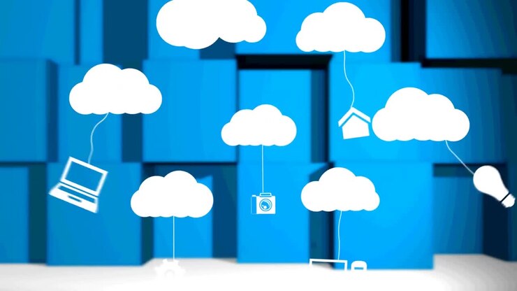 Digital icons hanging on clouds against square shapes against blue background
