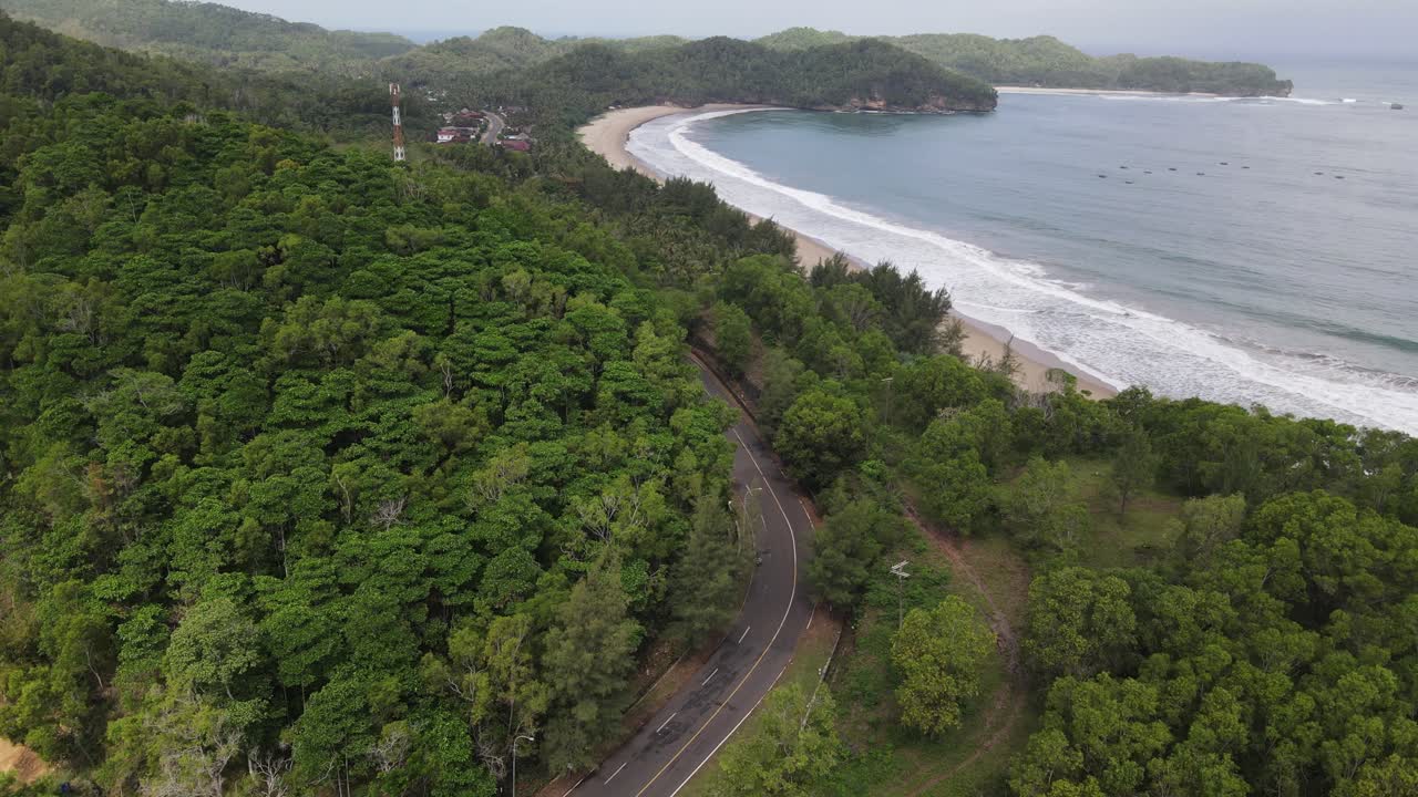 A beautiful aerial view of the southern coast of Java Island. Recorded in Pacitan Regency, East Java, Indonesia