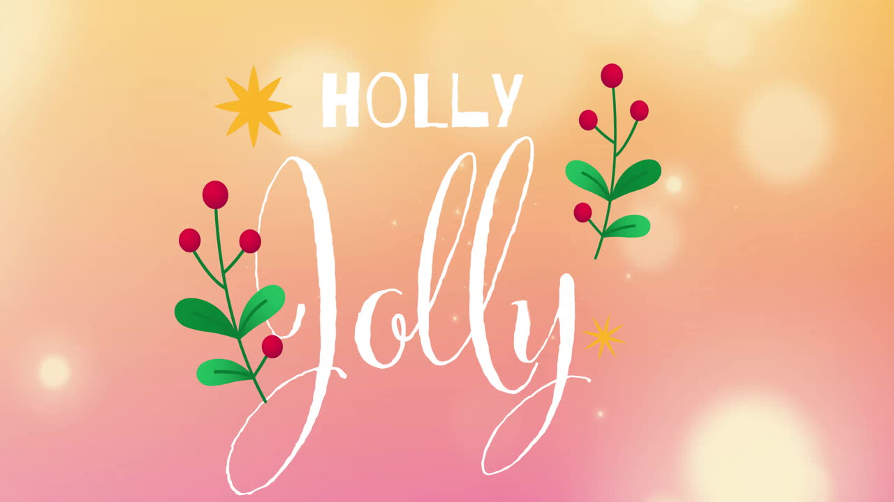 Holly Jolly text animation with festive berries and leaves on colorful background