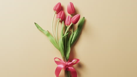 video of bunch of red tulips with red ribbon and copy space on yellow background