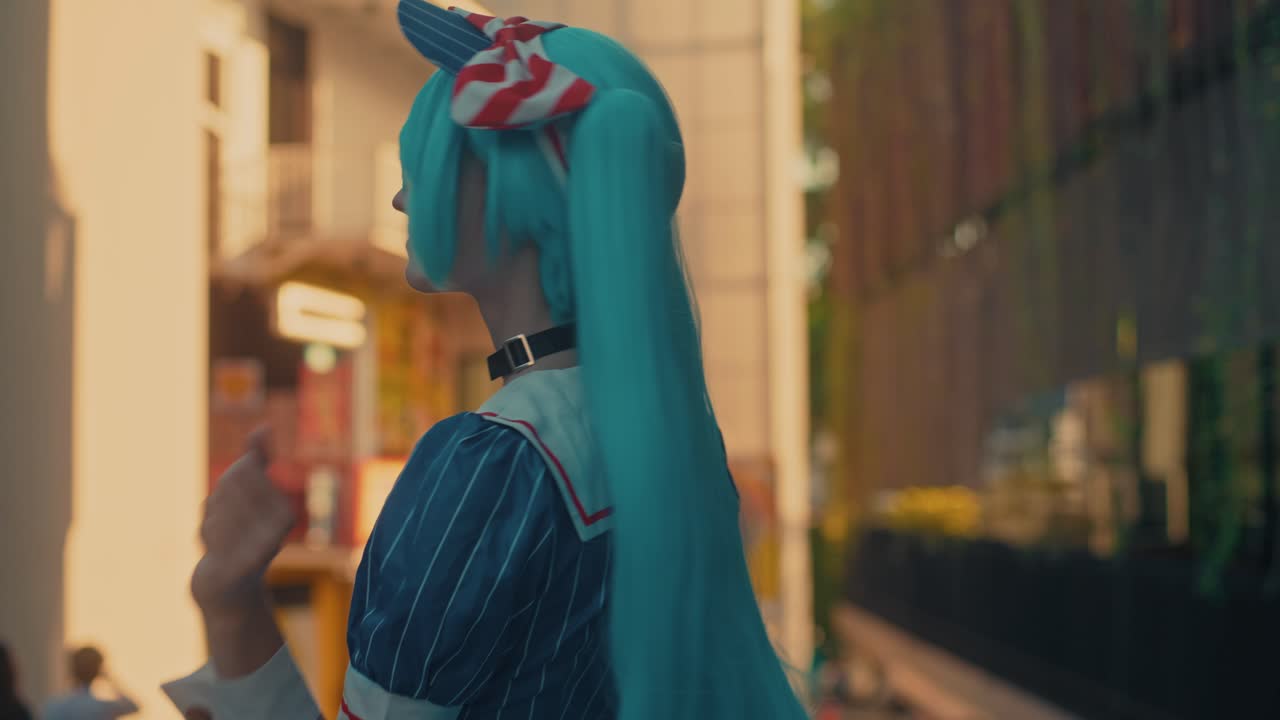 Cosplayer dressed as Hatsune Miku in a city