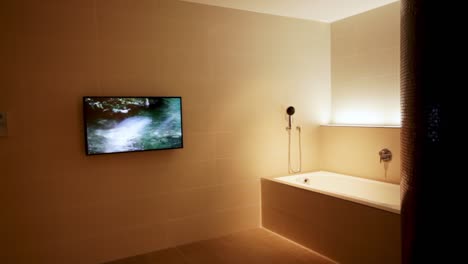 wide shot of a modern bath with an led display