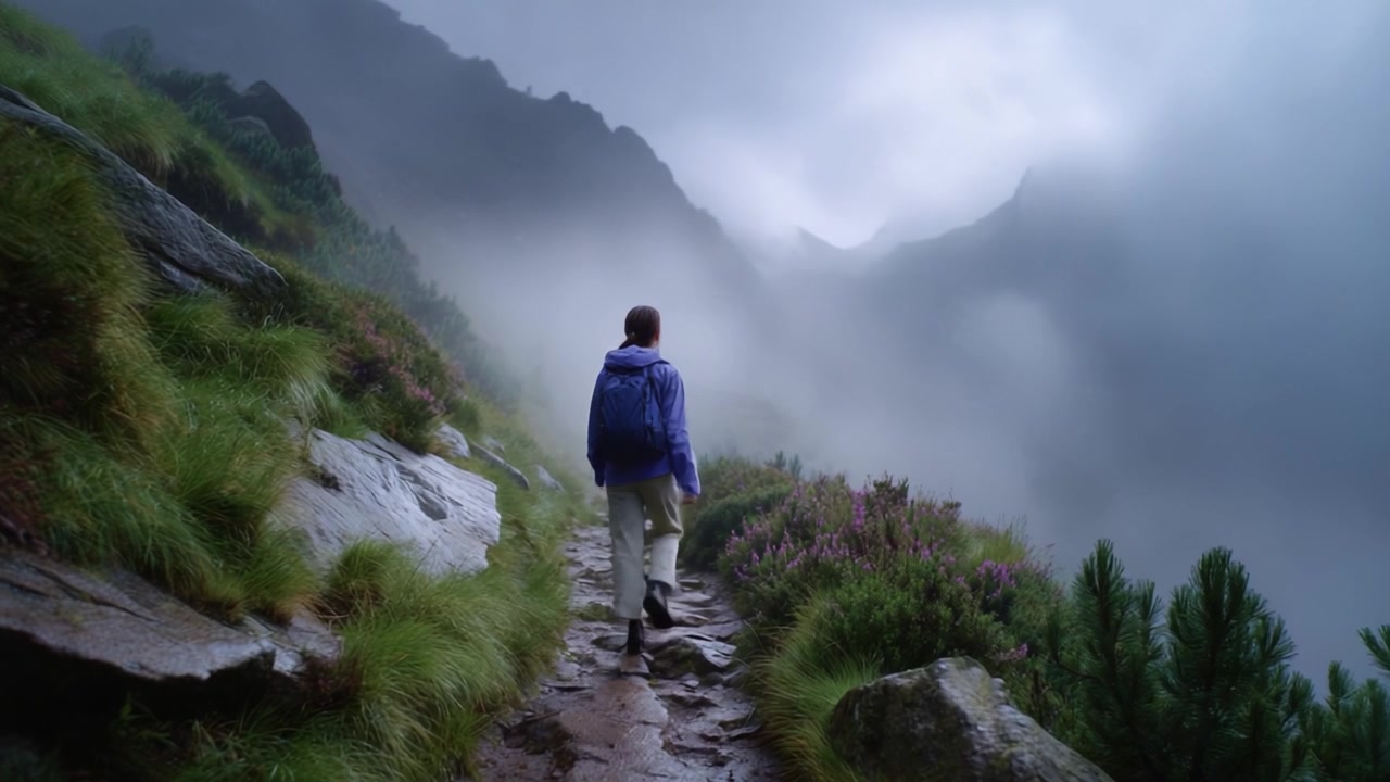 A lone traveler explores a misty mountain trail, surrounded by lush greenery and fog, capturing the essence of adventure and the beauty of nature's serenity.