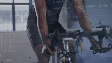 animation of stock market data processing over biracial fit man training on exercise bike at the gym