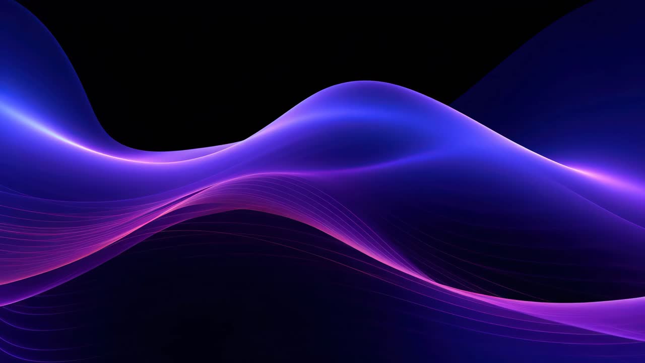 Abstract waves of blue and purple light flow across a black background, creating a dynamic video