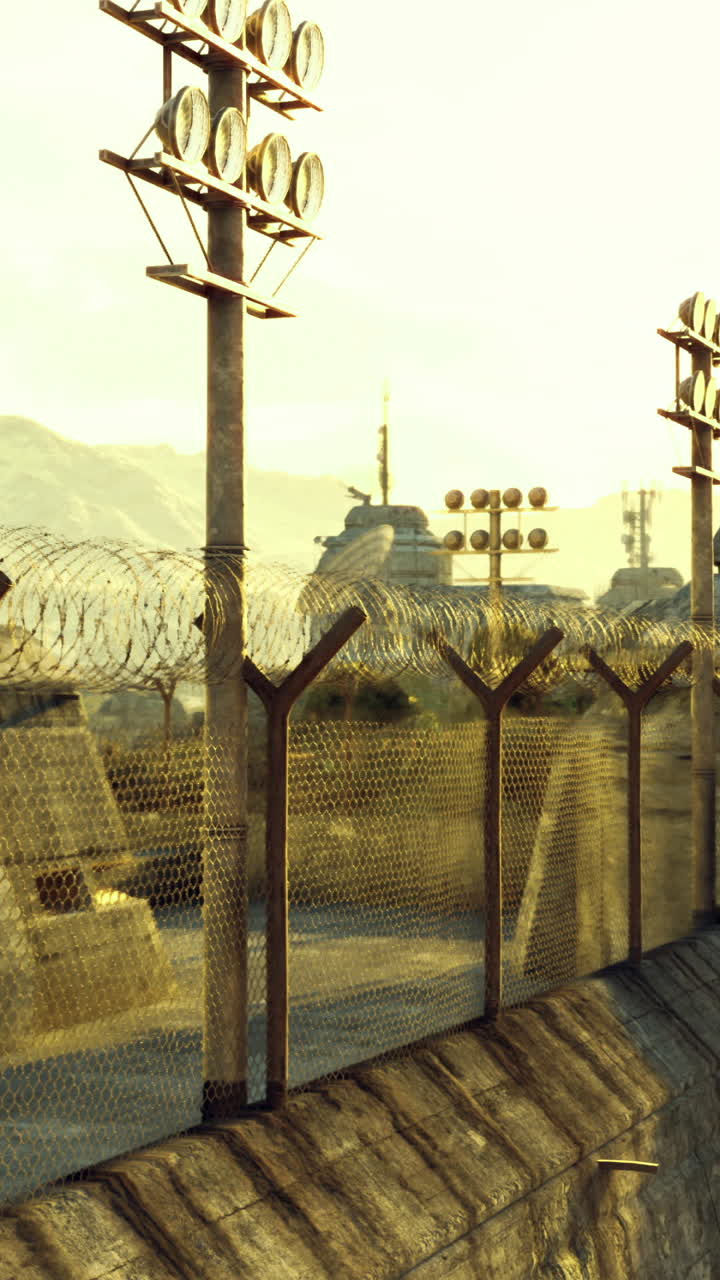 Abandoned fortress with a communication tower at dusk in a remote landscape