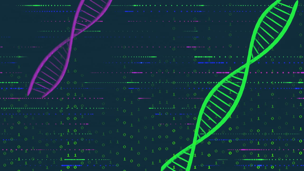 Neon green magenta DNA helices spinning across dark teal interface, streaming glowing binary code