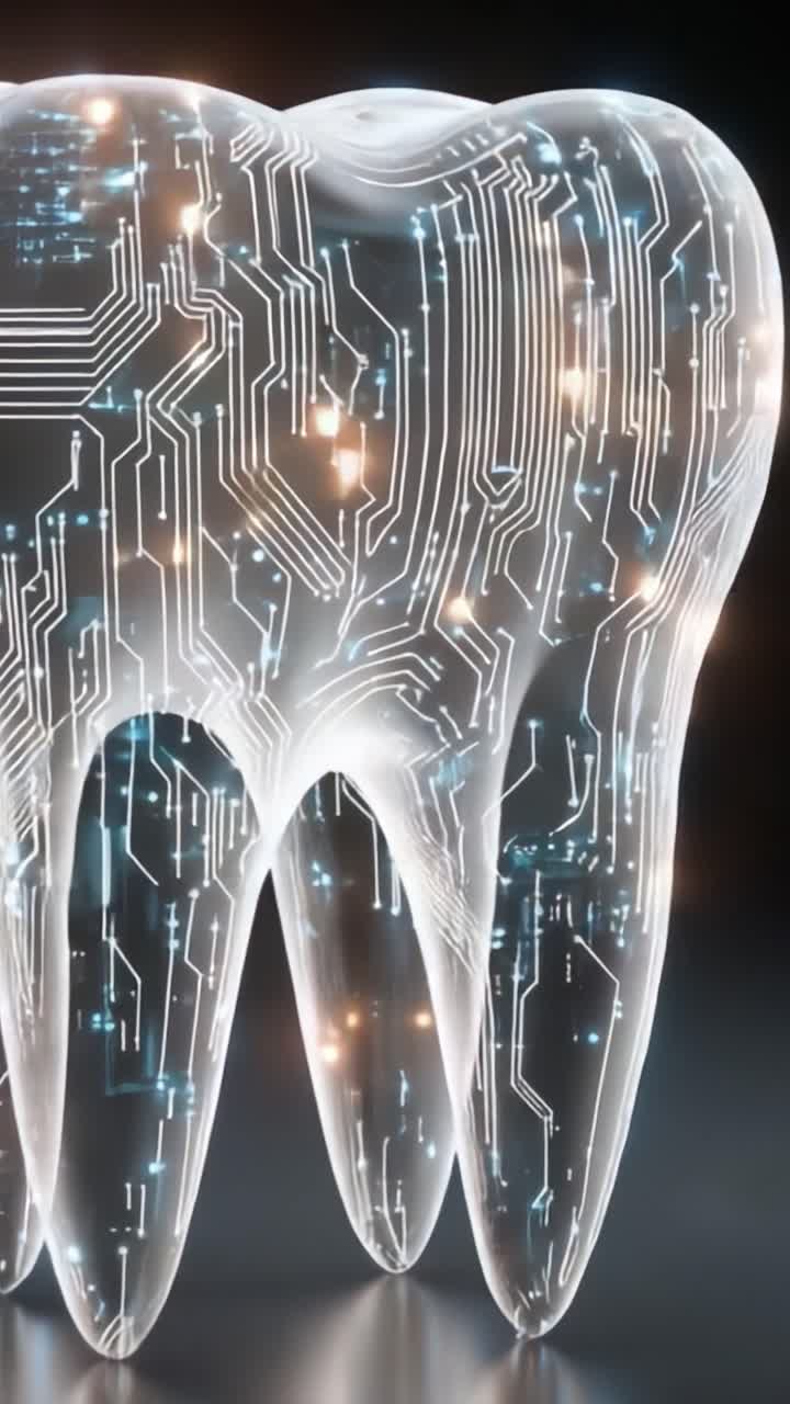 A Futuristic Tooth Design Featuring Intricate Circuit Patterns and Glowing Lights, Illustrating the Intersection of Dental Health and Advanced Technology
