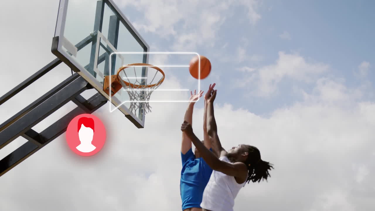 Reaching for basketball, players with animated social media notifications overlay