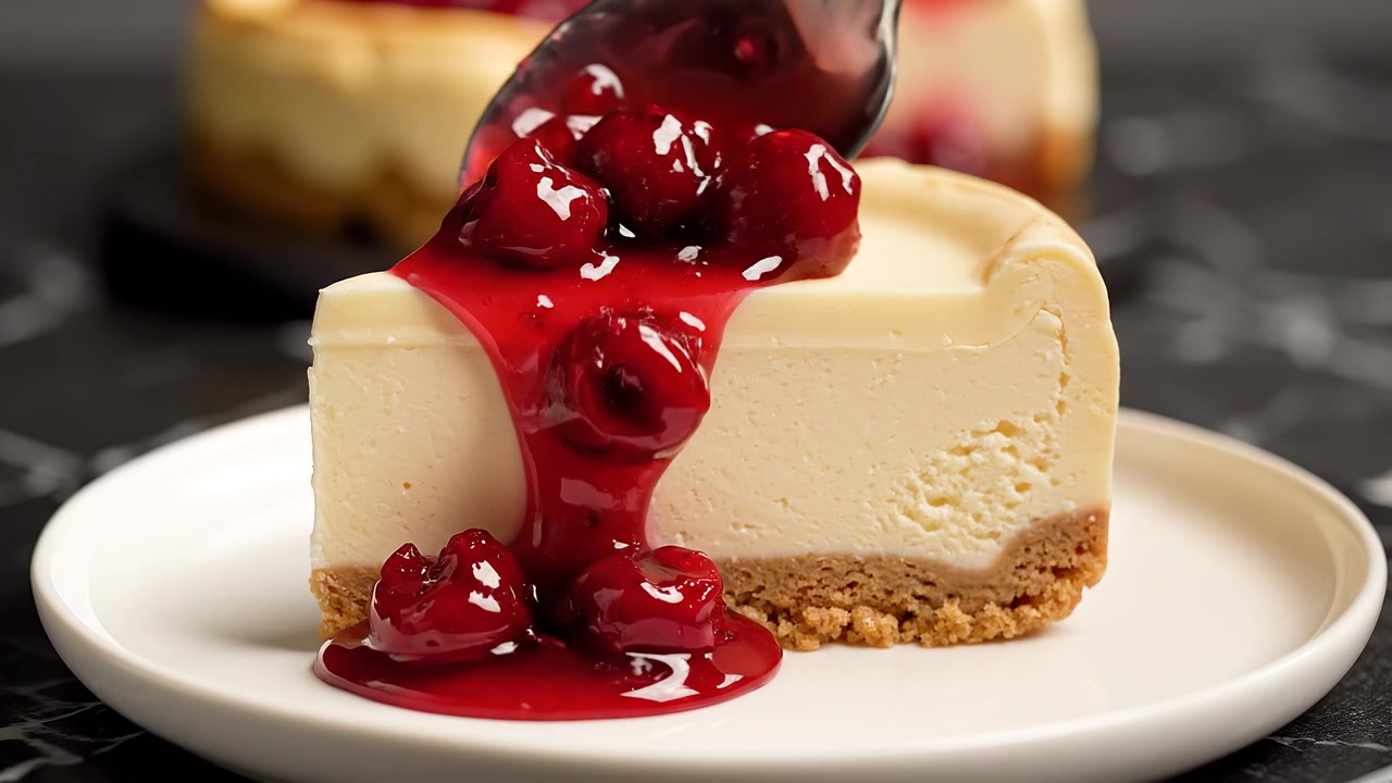 Creamy slice of cheesecake with cherry sauce on a spoon