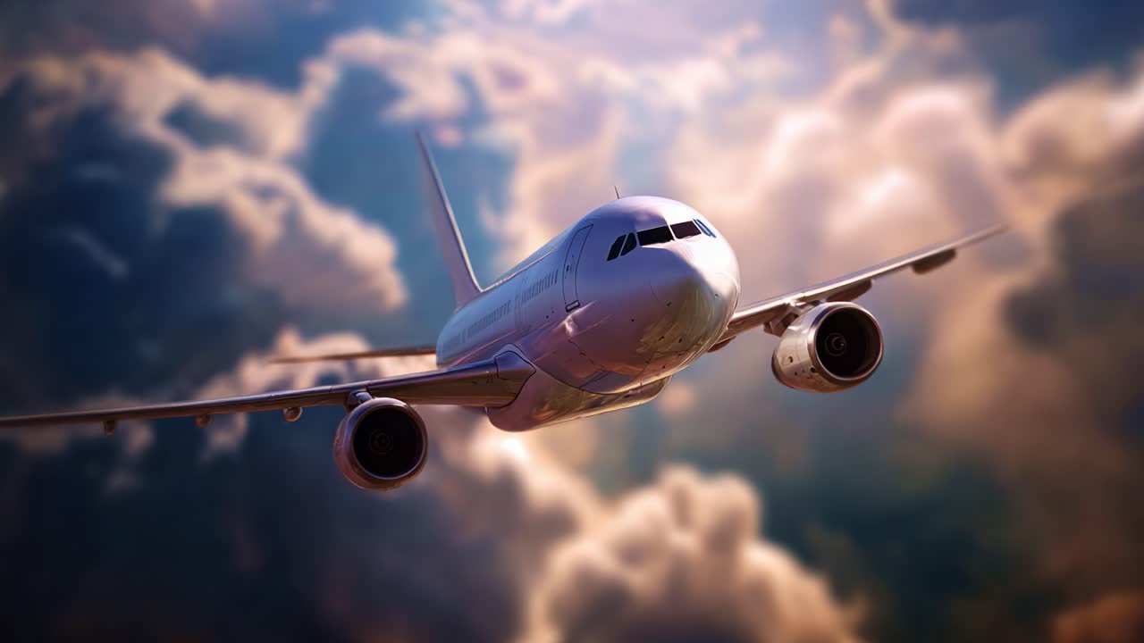 Un maestoso aeroplano che si libra in un cielo sconfinato pieno di nuvole, che mette in mostra la bellezza del volo e la libertà del viaggio aereo in uno straordinario rendering digitale
