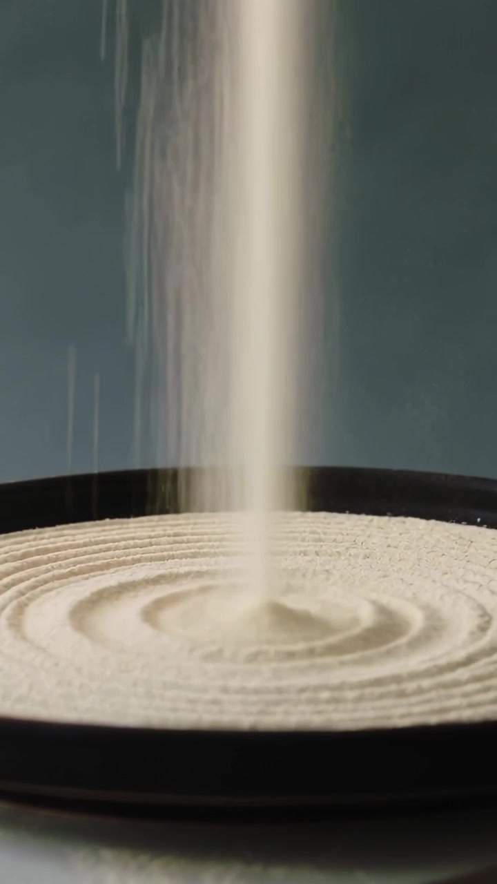 Video vertical: Chorro de arena cayendo y formando anillos sobre un plato negro en una mesa, creando un montículo.
