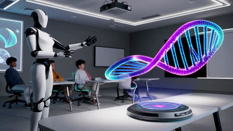 robot teacher demonstrates dna hologram in a modern classroom