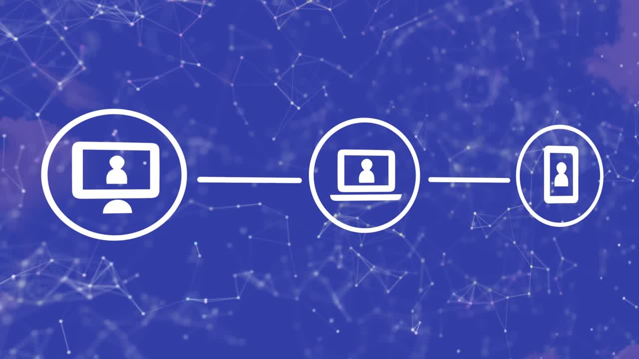 Animation of network of connections with icons on blue background