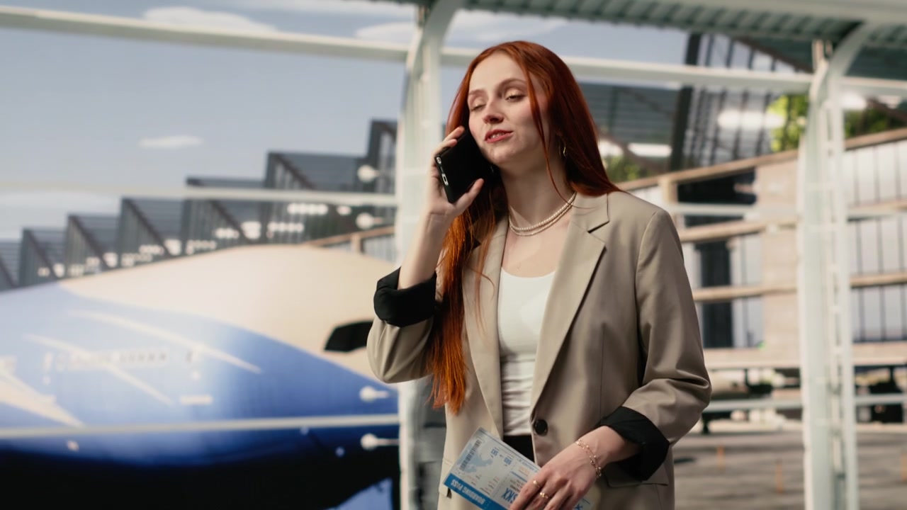 Donna in aeroporto in volo per un incontro di lavoro, che parla allo smartphone