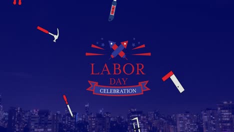 animation of labor day celebration text over cityscape