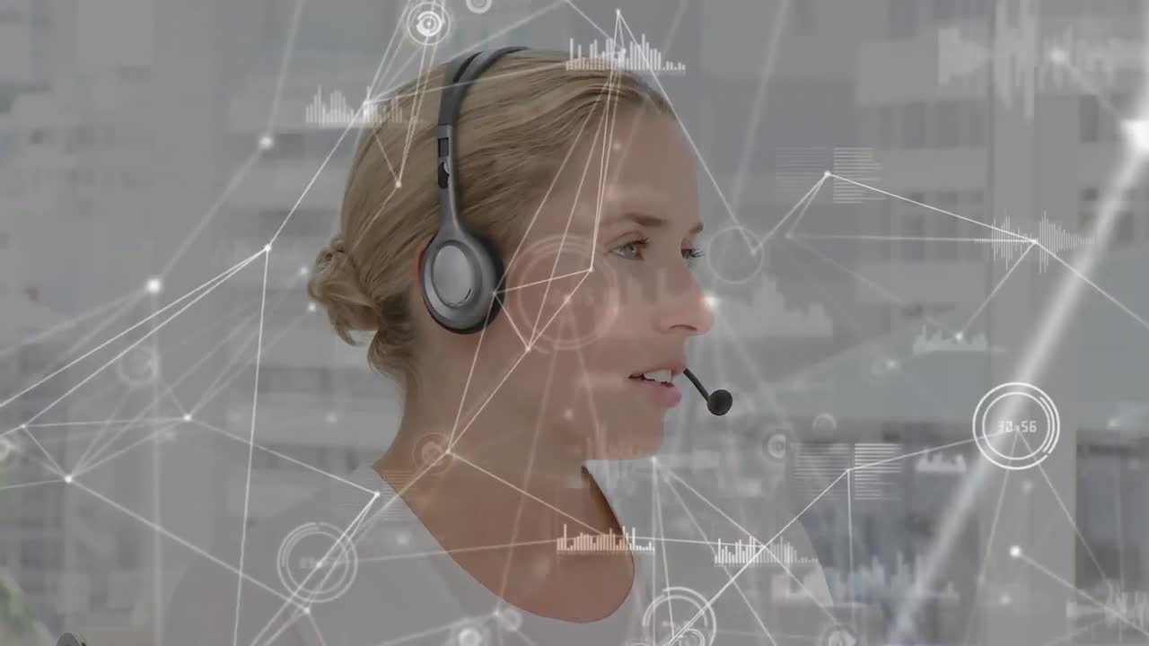 Animazione di reti di connessioni su una donna d'affari che usa auricolari telefonici