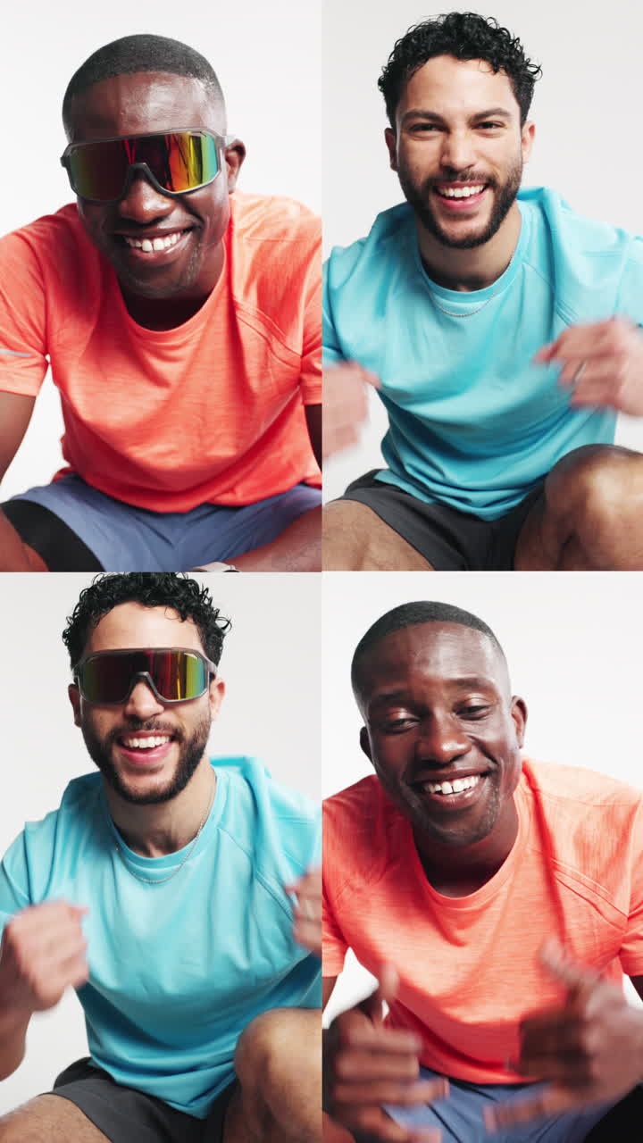 Four Diverse Men Smiling and Gesturing in Athletic Wear