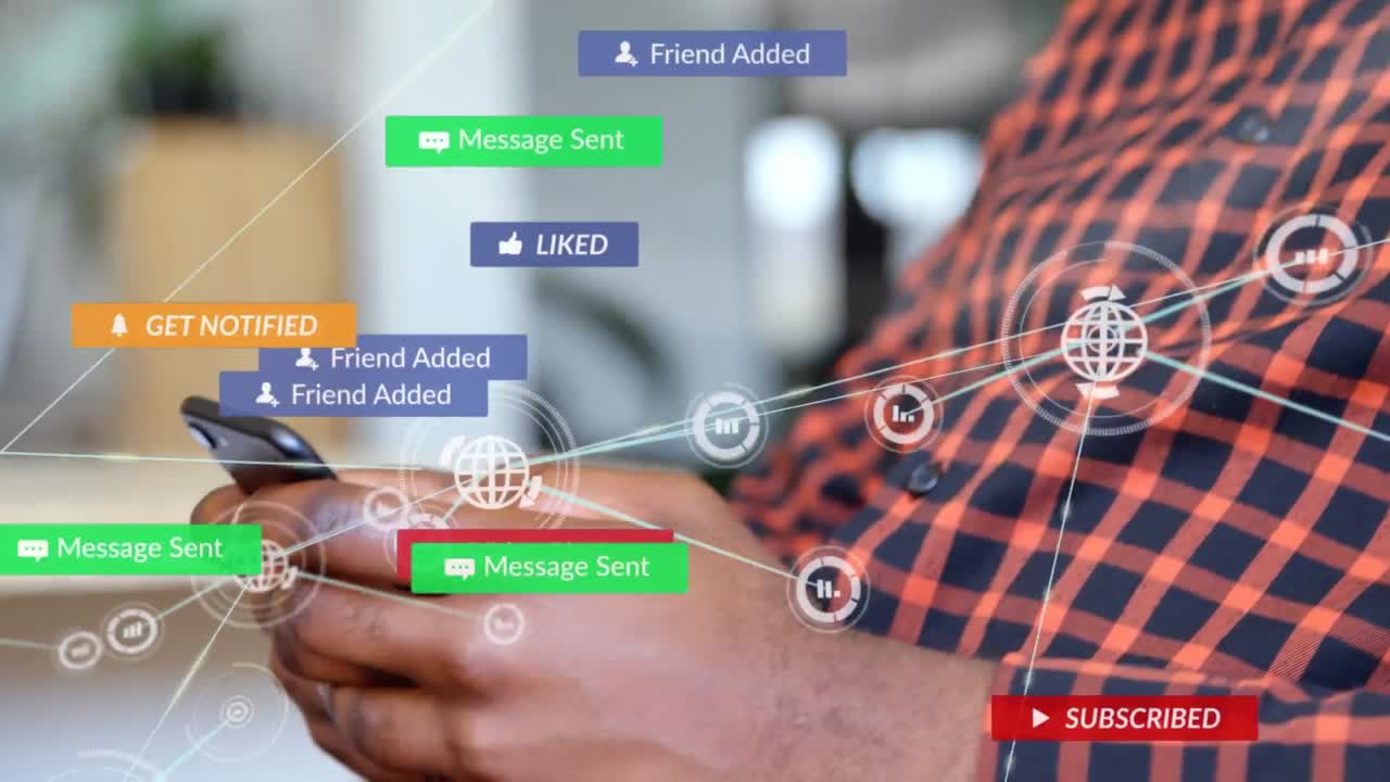 animación de la red de conexión con iconos sobre el hombre usando teléfono inteligente