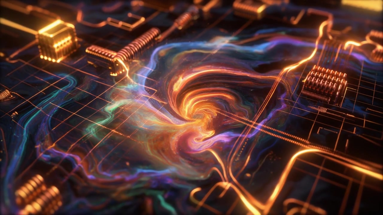 Abstract Digital Circuit Board with Swirling Colorful Energy Flow