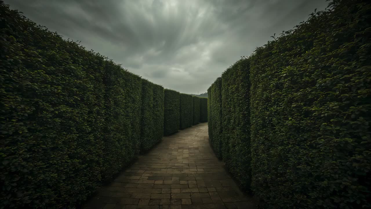 Moving camera starting forward along brick path in hedge corridor, revealing distant turn