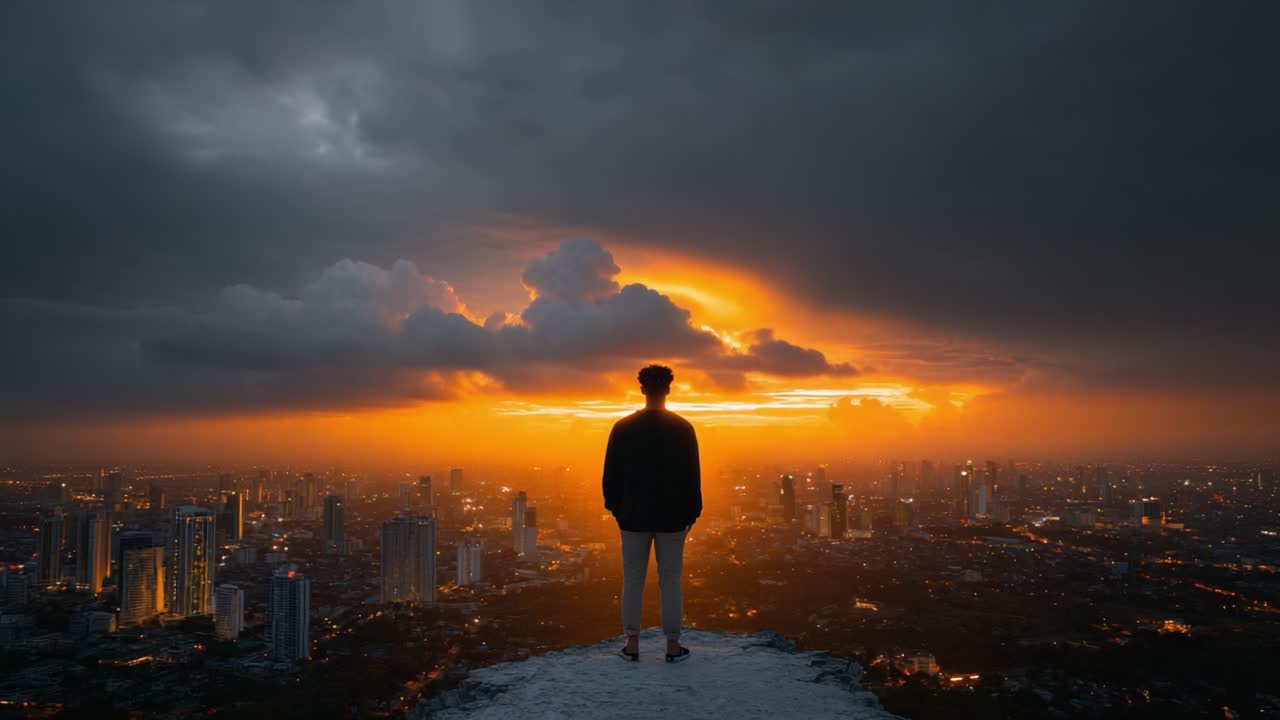 Una figura solitaria osserva un paesaggio urbano al crepuscolo, mentre i colori vivaci del tramonto dipingono il cielo e illuminano l'ambiente urbano sottostante